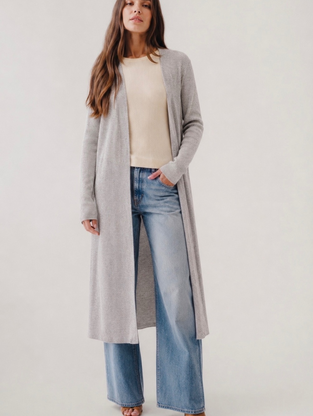 525 America Long Open Front Gray Ribbed Knit Cardigan Sweater Medium